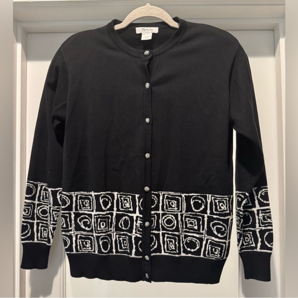 Vintage Bleyle Black White Button Up Sweater S 100% Cotton Retro Geometric - Picture 3 of 14